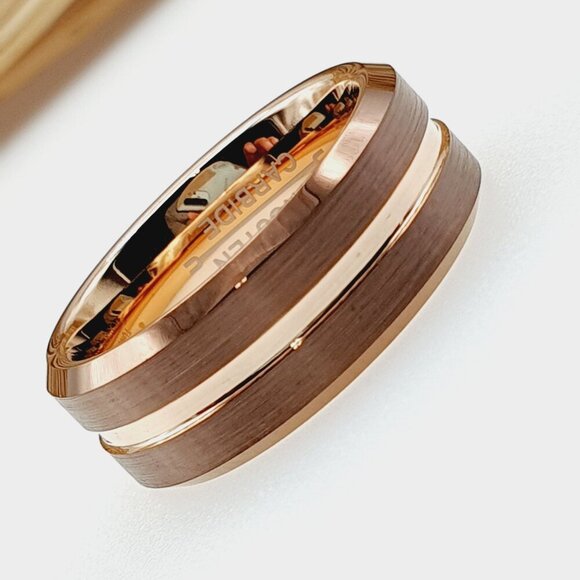 Brown and Rose Gold Tungsten Men's Wedding Ring, GALTUN600 - Picture 8 of 10